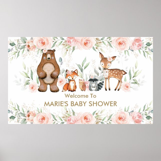 Poster Bienvenue à la Baby Shower Fleurie Rougeur Animaux (Devant)