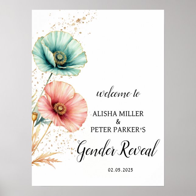 Poster Bienvenue à la Baby Shower Fleurs roses et bleues  (Devant)