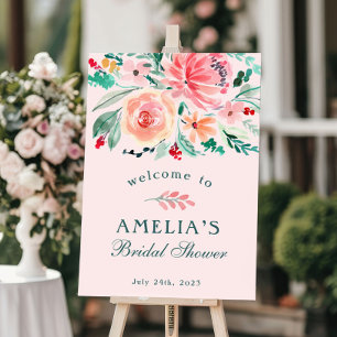 Poster Bienvenue à la Baby Shower Florale Aquarelle Rose 
