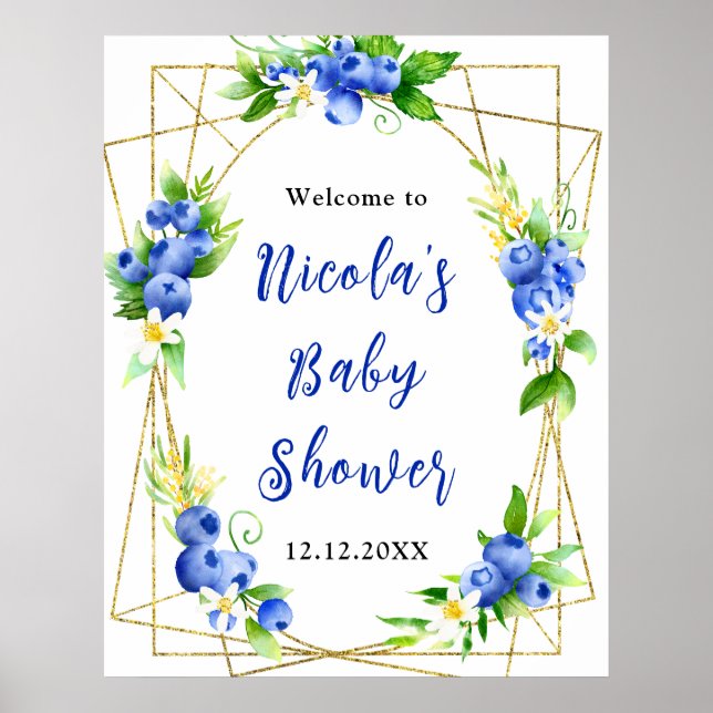 Poster Bienvenue à la Baby Shower Florale aux Bleuets (Devant)
