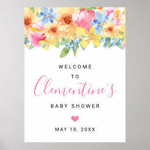 Poster Bienvenue à la Baby Shower Florale Rose et Jaune