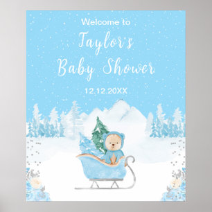 Poster Bienvenue à la Baby Shower Ours d'Hiver Bleu Traîn