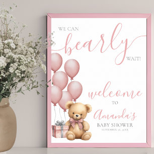 Poster Bienvenue à la Baby Shower Ourson Rose en Ballon