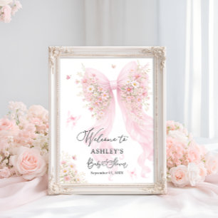 Poster Bienvenue à la baby shower Papillon Ruban Rose