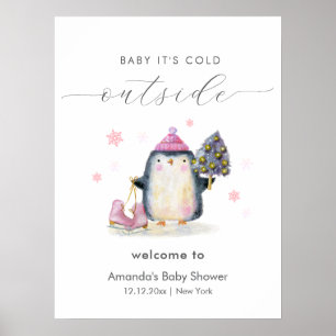 Poster Bienvenue à la Baby Shower Pingouin Bois Hivernal