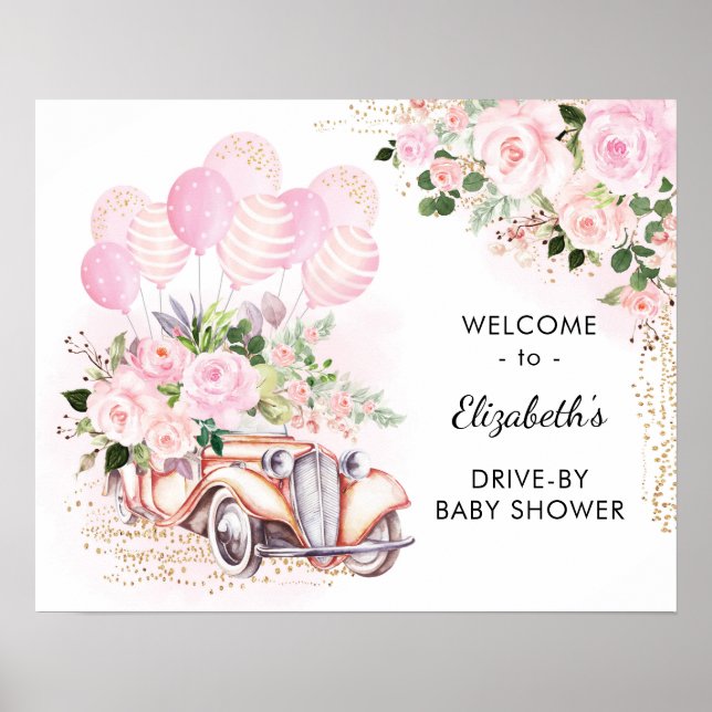 Poster Bienvenue à la Baby Shower Pink Floral Car Drive B (Devant)