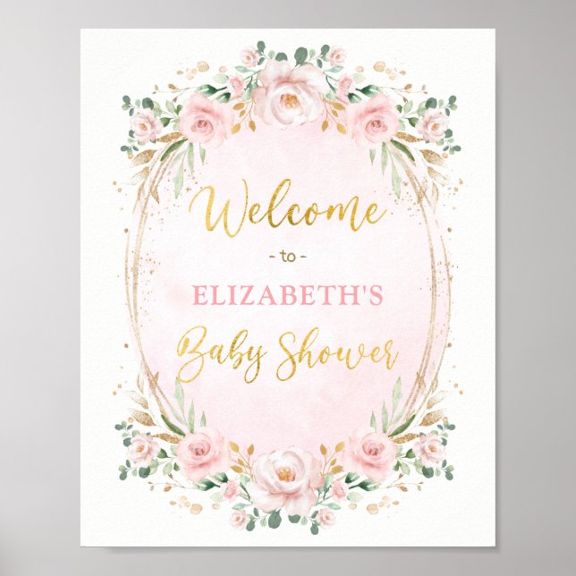 Poster Bienvenue à la Baby Shower Rose Pâle et Or Élégant (Devant)