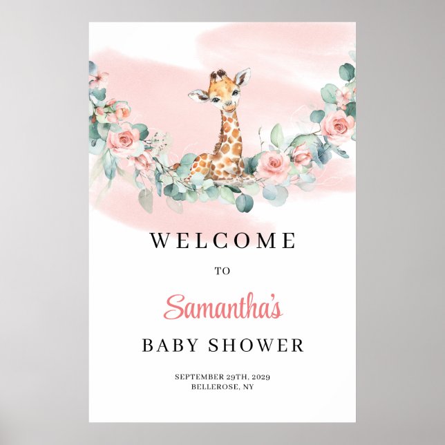 Poster Bienvenue à la Baby Shower Safari Girafe Eucalyptu (Devant)