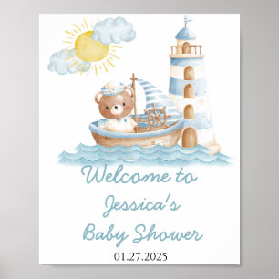 Poster Bienvenue à la Baby Shower Thème Bateau et Ours Ma