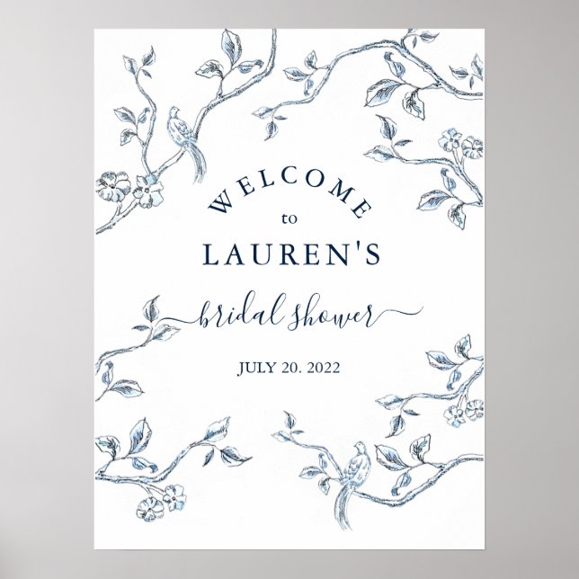 Poster Bienvenue à la douche de mariage bleu et blanc Toi (Devant)