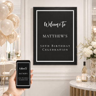 Poster Bienvenue à la fête d'anniversaire noir et blanc