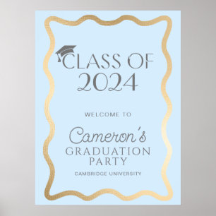 Poster Bienvenue à la fête de graduation en or bleu clair