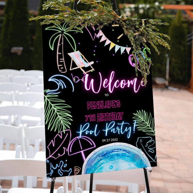 Poster Bienvenue à la fête de la piscine en noir Neon Glu (Créateur téléchargé)