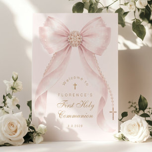 Poster Bienvenue à la première communion avec un nœud ros