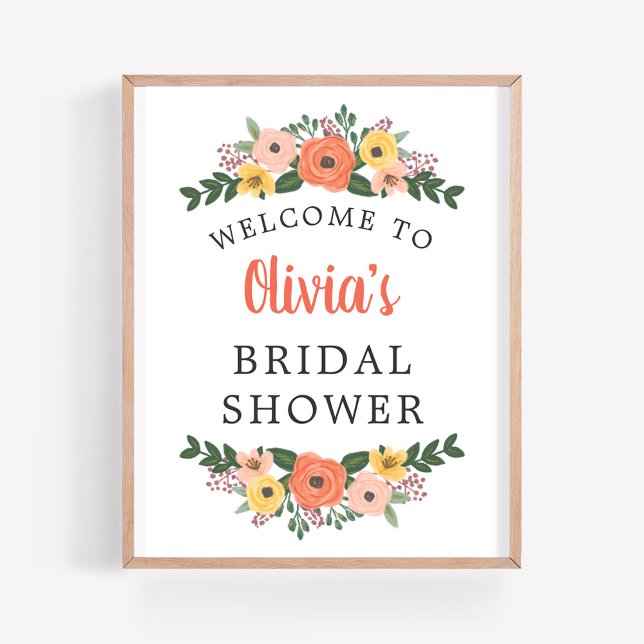 Poster Bienvenue à la réception de mariage fleurie corail (Créateur téléchargé)