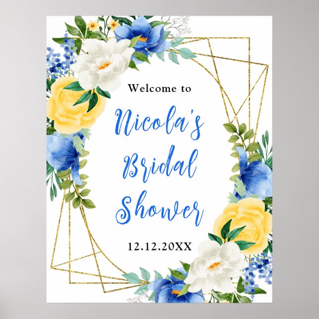 Poster Bienvenue à la réception de mariage floral bleu et (Devant)