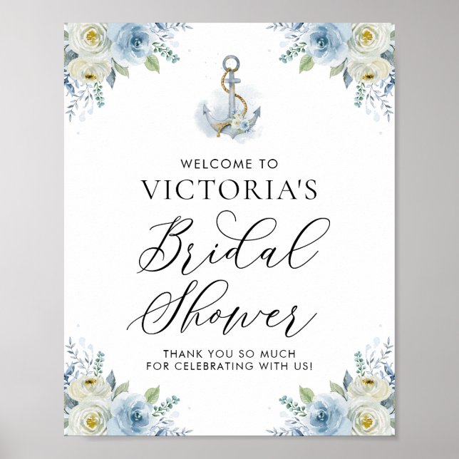 Poster Bienvenue à la réception de mariage floral bleu na (Devant)