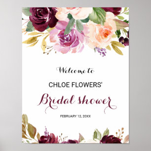 Poster Bienvenue à la réception de mariage floral bordeau
