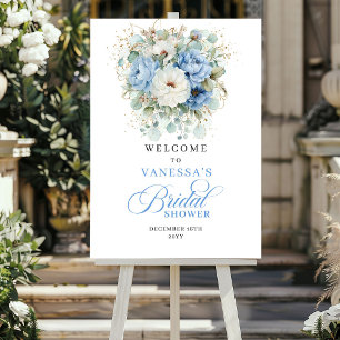 Poster Bienvenue à la réception de mariage florale bleue 