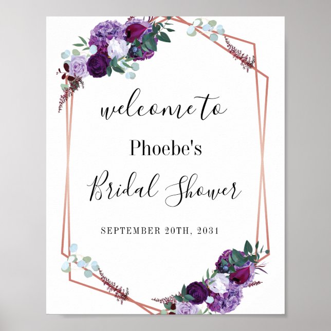 Poster Bienvenue à la réception de mariage florale violet (Devant)