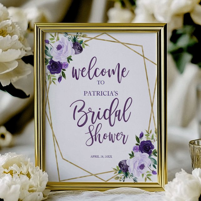 Poster Bienvenue à la soirée de mariage Floral Gold Pourp (Créateur téléchargé)