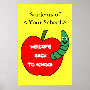 Poster Bienvenue à l'école Pomme rouge et ver vert