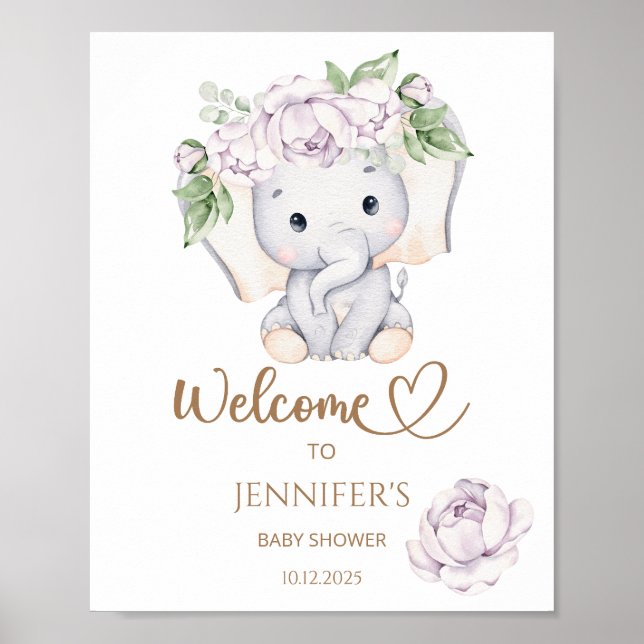 Poster Bienvenue à l'éléphant et au Baby shower de fleurs (Devant)