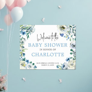 Poster Bienvenue à notre Baby shower Elégant bleu floral