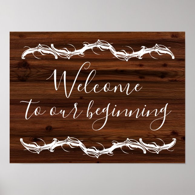 Poster Bienvenue à notre début panneau de mariage de bois (Devant)