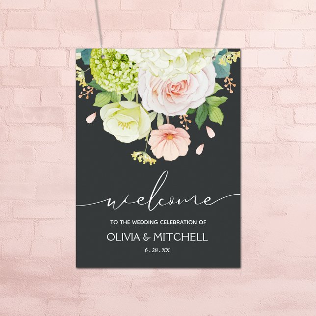 Poster Bienvenue à Notre Floral Mariage (Flowers on Pale Onyx Wedding Welcome Poster - INSTANT DOWNLOAD or PRINTED (framed, too))