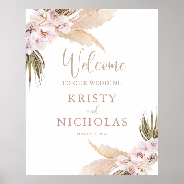 Poster Bienvenue à notre mariage boho pampas grass (Devant)