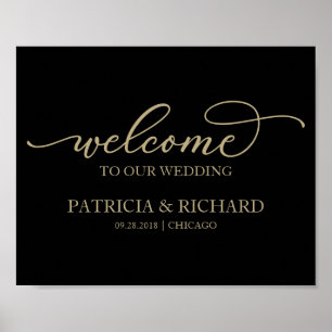 Poster Bienvenue À Notre Mariage Chic Gold Script Black S