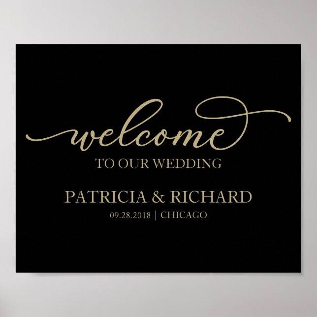 Poster Bienvenue À Notre Mariage Chic Gold Script Black S (Devant)