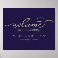 Bienvenue À Notre Mariage Chic Gold Script Marine 