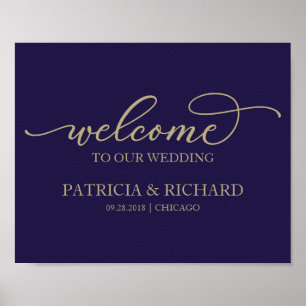 Poster Bienvenue à notre mariage Chic Or Script Bleu Mari