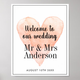 Poster Bienvenue à notre mariage corail aquarelle cœur