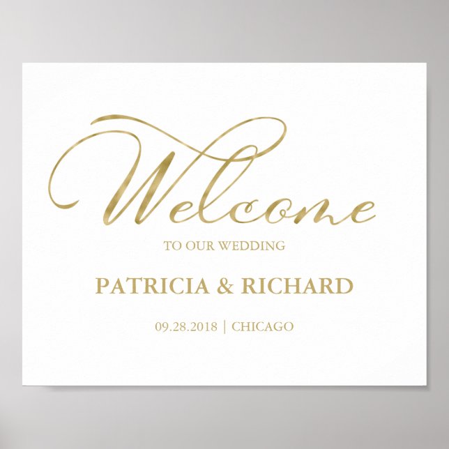 Poster Bienvenue À Notre Mariage Élégant Panneau Or Foil (Devant)