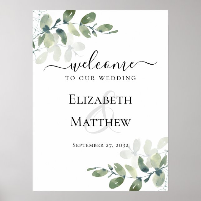 Poster Bienvenue à Notre Mariage Eucalyptus Mariage Sign (Devant)