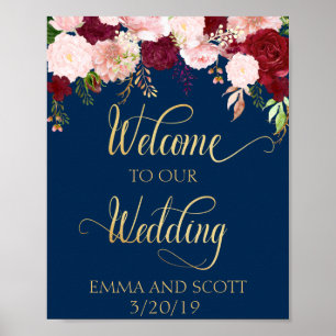 Poster Bienvenue à notre mariage marine bordeaux or