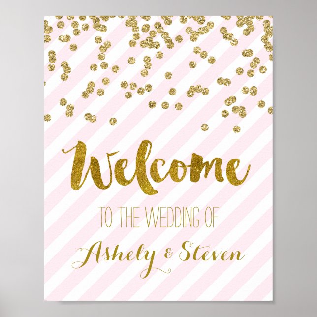 Poster Bienvenue à notre Mariage Sign Pink Gold Stripes (Devant)