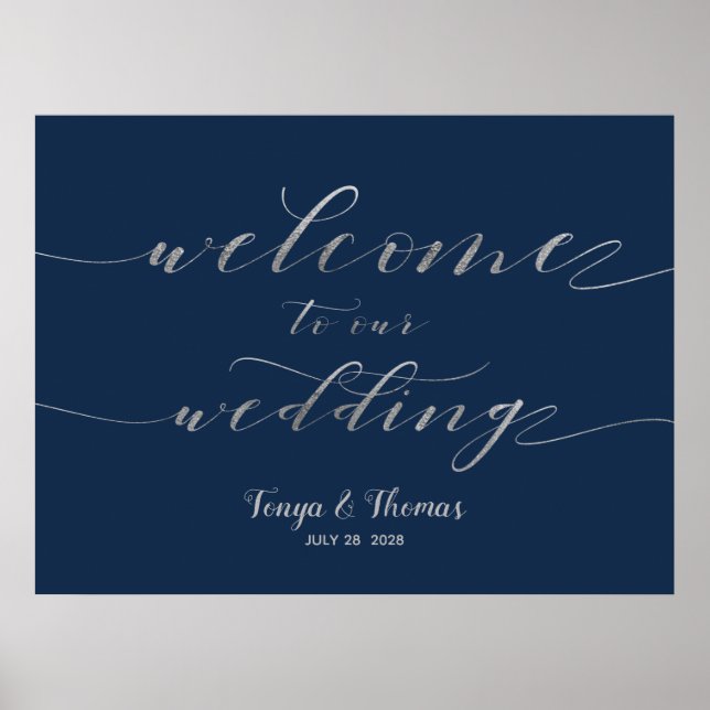 Poster Bienvenue à notre Mariage Silver Swash Calligraphy (Devant)