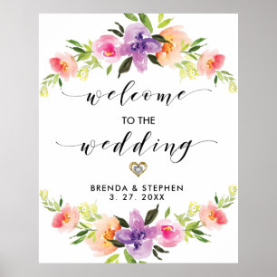 Poster Bienvenue à notre mariage typographie et fleurs mo
