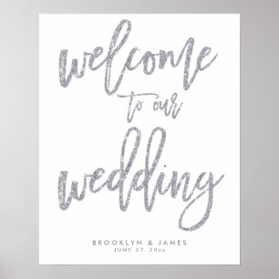 Poster Bienvenue À Notre Signe Mariage Effet Foil Argent