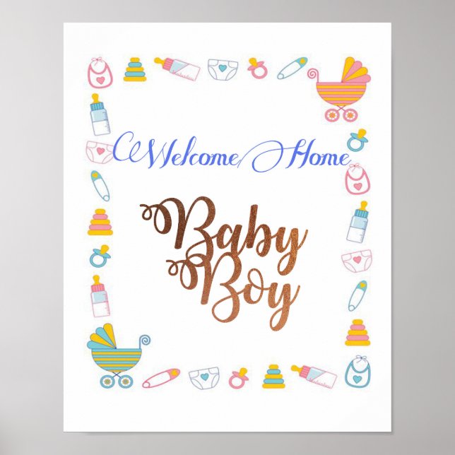 Poster Bienvenue Accueil Bébé Garçon avec police de feuil (Devant)