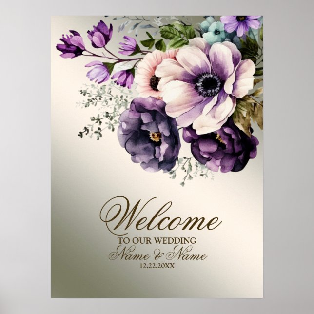 Poster Bienvenue Aquarelle violet rose Fleurs or (Devant)