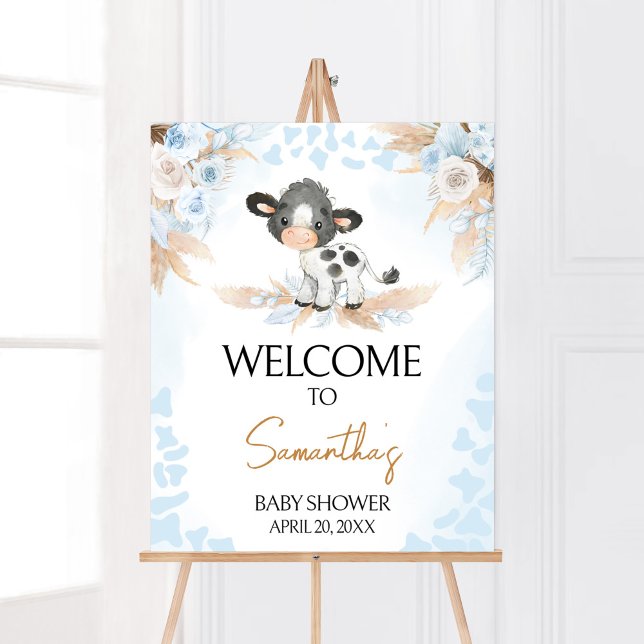 Poster Bienvenue au Baby shower de la vache bleue (Boy Highland Cow Baby Shower Welcome Sign)
