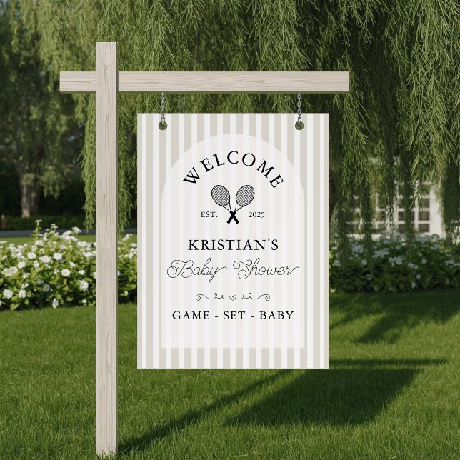 Poster Bienvenue au Baby shower de tennis beige Preppy (elegant beige and white striped tennis theme baby shower welcome sign with arch and modern motif)