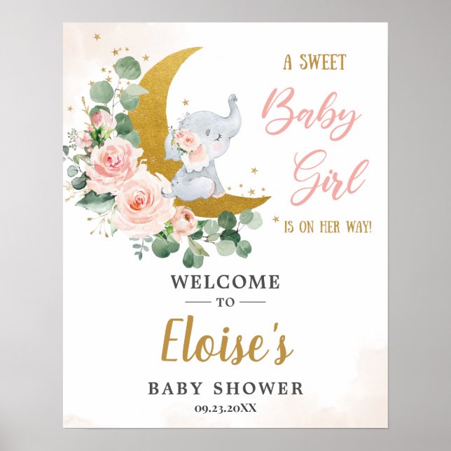 Poster Bienvenue au Baby shower des filles Eléphantes Flo (Devant)