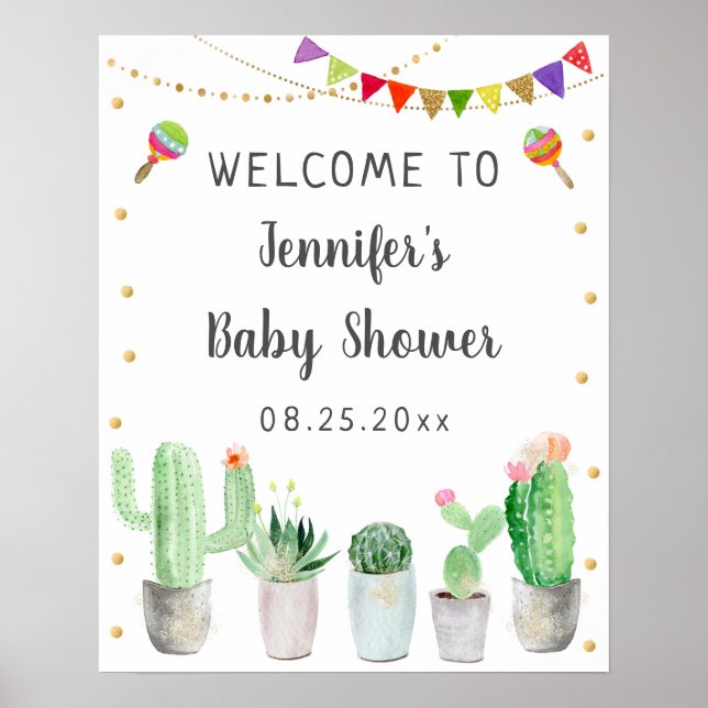 Poster Bienvenue au Baby shower Gold Fiesta Cactus (Devant)
