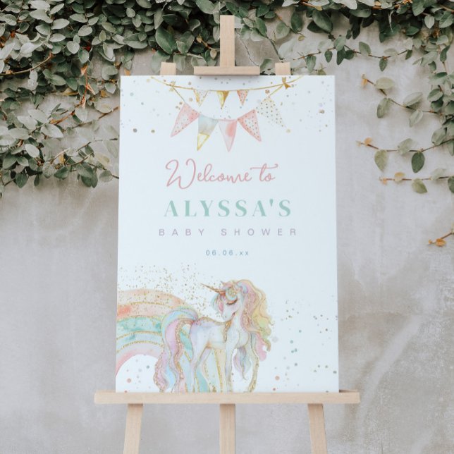 Poster Bienvenue au Baby shower Rainbow Unicorn Pastel (Créateur téléchargé)